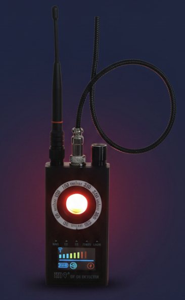 Surveilex K19+ detector with antenna and magnetic probe, lens glowing red